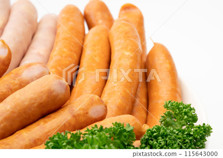 Close-up background of different kinds of wiener sausages 115643000