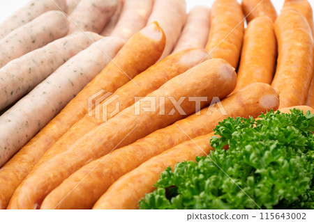 Close-up background of different kinds of wiener sausages 115643002