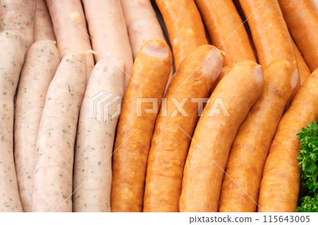 Close-up background of different kinds of wiener sausages Close-up background of different kinds of wiener sausages 115643005