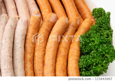Close-up background of different kinds of wiener sausages Close-up background of different kinds of wiener sausages 115643007