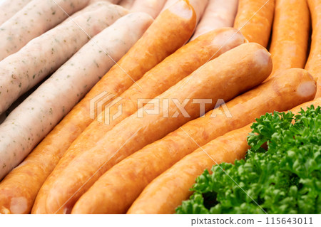 Close-up background of different kinds of wiener sausages Close-up background of different kinds of wiener sausages 115643011
