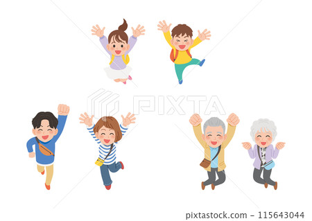 Jumping three-generation family, men and women set 115643044