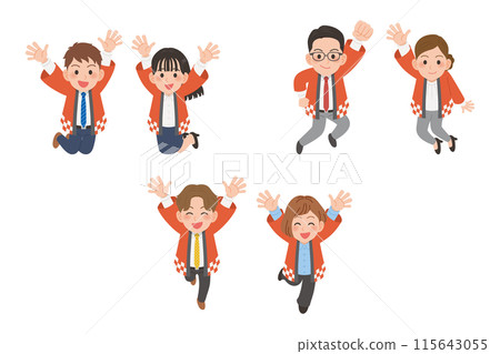 人們穿著快樂的衣服跳躍，男人和女人設置 115643055