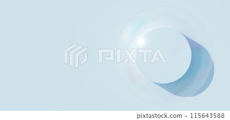 Cylinder stand and soap bubbles on a white background. Sunlight. Top view. Copy space. 3D (landscape) 115643588
