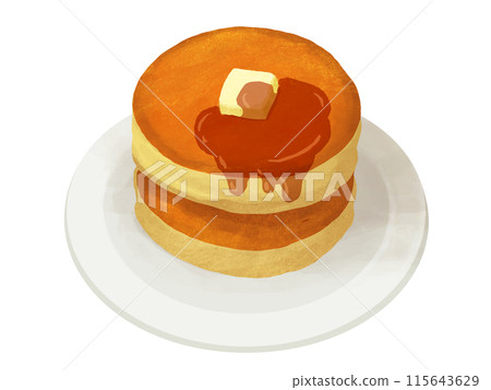 塗有黃油和楓糖漿的薄煎餅的插圖 塗有黃油和楓糖漿的薄煎餅的插圖 115643629
