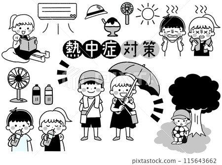 Illustration set of children taking measures against heat stroke 115643662