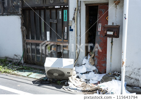 Closed houses, trashed houses, abandoned houses with broken windows, homes of elderly people living alone where illegal dumping is occurring, collapsed houses. Closed houses, trashed houses, abandoned houses with broken windows, homes of elderly people living alone where illegal dumping is occurring, collapsed houses. 115643794