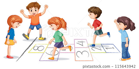 Children Playing Hopscotch Outdoors 115643942