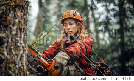 一名婦女用電鋸砍伐樹木的 AI 影像 115644156