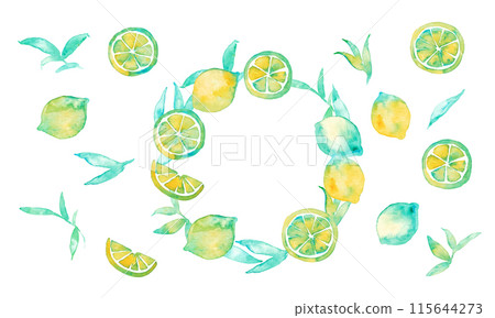 水彩。檸檬向量插畫與水彩觸感。夏天檸檬背景。夏季檸檬框架。 115644273