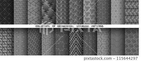 Geometric set of seamless black and gray patterns. Simple vector graphics 115644297