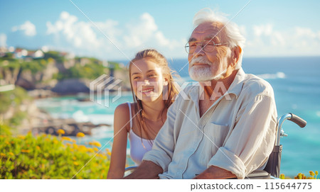 一個年輕女孩與坐在輪椅上的老人交談的 AI 圖像 115644775