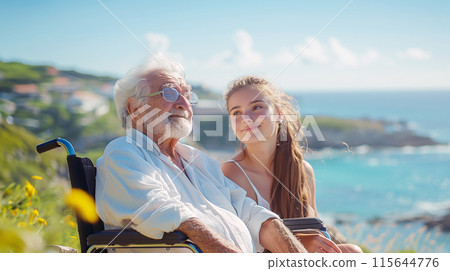 一個年輕女孩與坐在輪椅上的老人交談的 AI 圖像 115644776