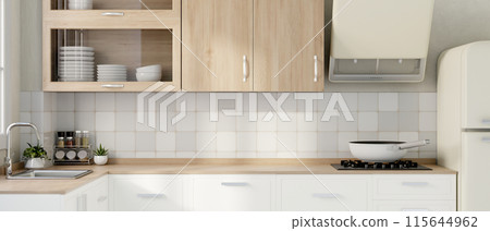 The interior design of a contemporary minimalist white kitchen features kitchen appliances. The interior design of a contemporary minimalist white kitchen features kitchen appliances. 115644962