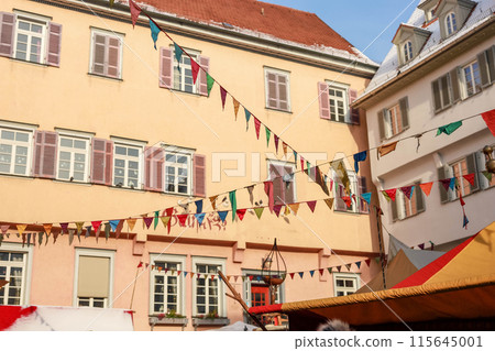 A decorated town in honor of a German holiday. A decorated town in honor of a German holiday. 115645001