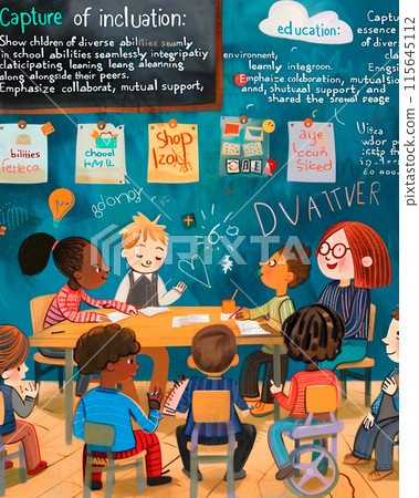 Children sit together with their teacher in the classroom, engaging in learning activities and fostering a supportive educational environment. 115645112