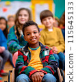 An inclusive child in a wheelchair surrounded by friends, embodying the beauty of friendship and inclusivity 115645133