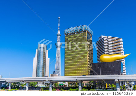 日本東京城市景觀 凝結尾跡(左)...從吾妻橋看到東京晴空塔和藍天的凝結尾跡=第3 日本東京城市景觀 凝結尾跡(左)...從吾妻橋看到東京晴空塔和藍天的凝結尾跡=第3 115645389
