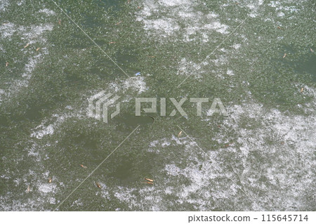 turquoise ice abstract background. Bubble ice on the greenish surface of the water, 115645714