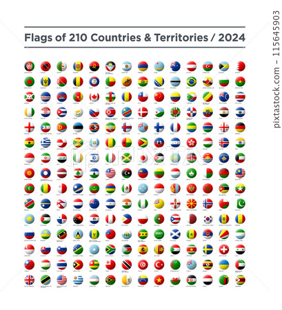 Set of 210 countries and regions spherical flag icons, 2024 edition Set of 210 countries and regions spherical flag icons, 2024 edition 115645903