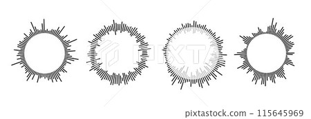 Radial sound wave pattern collection. Circular audio, music or voice icon set. Round wavy equalizer spectrum symbol pack. Circle sunburst bundle. Vector black soundwave elements Radial sound wave pattern collection. Circular audio, music or voice icon set. Round wavy equalizer spectrum symbol pack. Circle sunburst bundle. Vector black soundwave elements 115645969