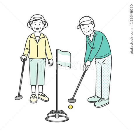 一對老夫婦微笑著打高爾夫的全身插畫 115646050