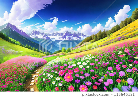Illustration of alpine flower field with blue sky 115646151