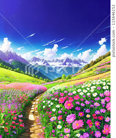 Illustration of alpine flower field with blue sky 115646152
