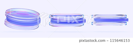 Holographic iridescent glass cylinder stand podiums 3d render icon set. Empty crystal circle pedestal platform, stage mockup for product display or presentation isolated on background. 3D illustration 115646153