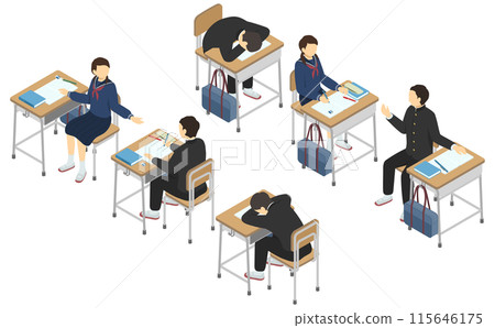 Isometric illustration: school desks and students 115646175