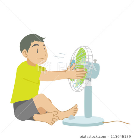 Illustration of a boy monopolizing an electric fan 115646189