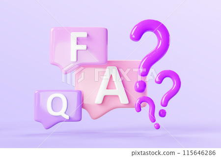 FAQ font letters on speech bubbles with question marks on purple background 3d render. Chat messages color icons, search answer online, dialog with support. Talk boxes with ask signs. 3D illustration FAQ font letters on speech bubbles with question marks on purple background 3d render. Chat messages color icons, search answer online, dialog with support. Talk boxes with ask signs. 3D illustration 115646286