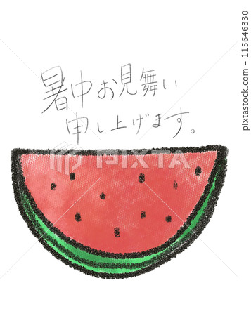 Summer greeting card with cut watermelon crayon illustration 115646330