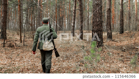 World War II German Wehrmacht Infantry Soldiers Of World War II Marching Running Along Forest In Spring Autumn World War II German Wehrmacht Infantry Soldiers Of World War II Marching Running Along Forest In Spring Autumn 115646366