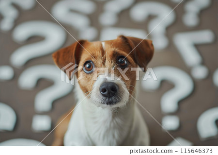 Curious Jack Russell Terrier Puppy Surrounded by Question Marks 115646373