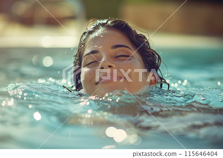 Woman Floating In Pool With Closed Eyes 115646404