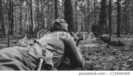 Russian Soviet Infantry Red Army Soldiers Of World War II with weapons Running On Forest Battlefield in attack Russian Soviet Infantry Red Army Soldiers Of World War II with weapons Running On Forest Battlefield in attack 115646409
