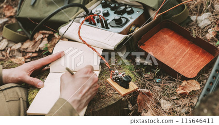 Russian Soviet Infantry Red Army Soldier In World War II using Russian Soviet Portable Radio Transceiver In Trench Entrenchment In Spring Autumn Forest. . Headphones And Telegraph Key. Close Up Hands 115646411
