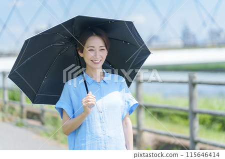 Woman with a parasol (UV protection, sunscreen, UV care, heat stroke protection, beauty, beauty) 115646414
