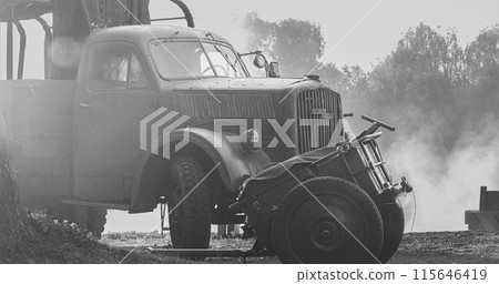 German World War Ii Automotive. German Military Ammunition. German Vehicle Truck Opel Blitz And German Infantry Cart Or Handcart Infanteriekarren If8 Of World War Ww Ii. Black And White German World War Ii Automotive. German Military Ammunition. German Vehicle Truck Opel Blitz And German Infantry Cart Or Handcart Infanteriekarren If8 Of World War Ww Ii. Black And White 115646419
