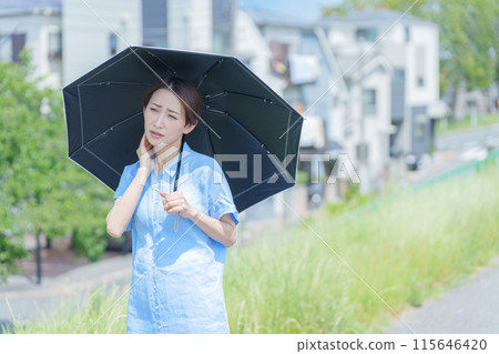 Woman with a parasol (UV protection, sunscreen, UV care, heat stroke protection, sun allergy, poor physical condition) Woman with a parasol (UV protection, sunscreen, UV care, heat stroke protection, sun allergy, poor physical condition) 115646420