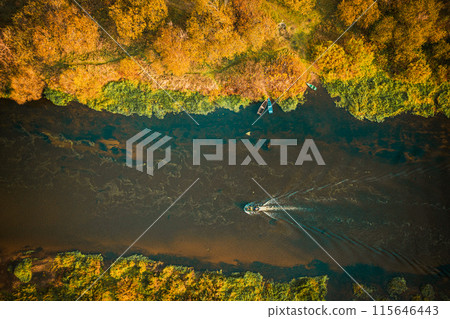 Aerial view of forest woods and river marsh bog in autumn landscape. Bird's eye view of marsh bog. Top view of beautiful european nature from high attitude in autumn season. Drone view. Flat view Aerial view of forest woods and river marsh bog in autumn landscape. Bird's eye view of marsh bog. Top view of beautiful european nature from high attitude in autumn season. Drone view. Flat view 115646443