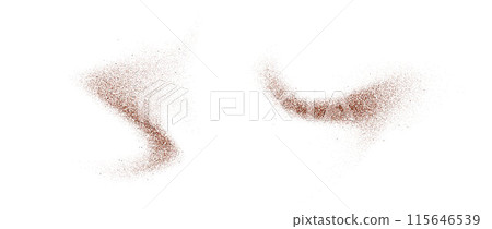 Coffee, cocoa or chocolate powder particles and speckles. Brown dust or sand wavy elements. Ground beans, grains and granules wave flowing shapes. Vector sprayed speck swirl overlay textures 115646539