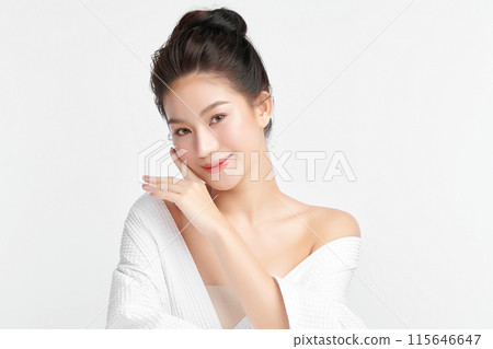 Beautiful young asian woman with clean fresh skin on white background, Face care, Facial treatment, Cosmetology, beauty and spa, Asian women portrait. Beautiful young asian woman with clean fresh skin on white background, Face care, Facial treatment, Cosmetology, beauty and spa, Asian women portrait. 115646647