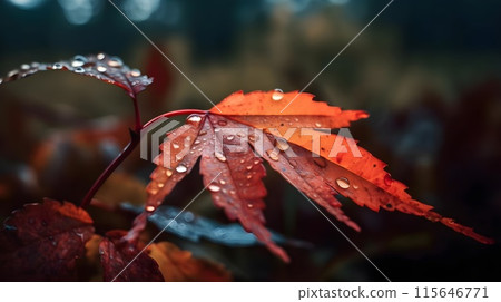 Close up wet red Japanese maple leaves with water drop in the nature background. 115646771