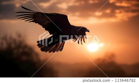 Golden eagle Aquila chrysaetos flying in the air with mountain and highland forest background evening sunset golden hour. Golden eagle Aquila chrysaetos flying in the air with mountain and highland forest background evening sunset golden hour. 115646782