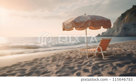 A beautiful tropical sandy beach with evening golden hour sunset glaring, and some umbrella chair beach, mountain cliff at the background, good for background and backdrops. Summer beach. 115646783