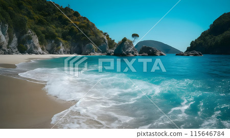 Landscape of beautiful transparent turquoise water beach, white sand and tropical green and cliff, and rocky mountain. Undiscovered island. 115646784