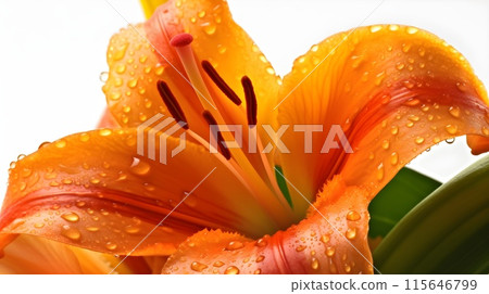 Macro close up shot wet yellow Tiger Lily flower and some water drops looks fresh on white background. 115646799