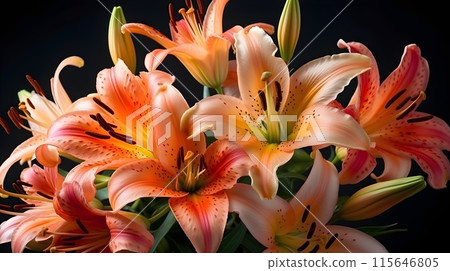 Macro close up shot wet soft pink Tiger Lily flower looks fresh isolated on black background. 115646805